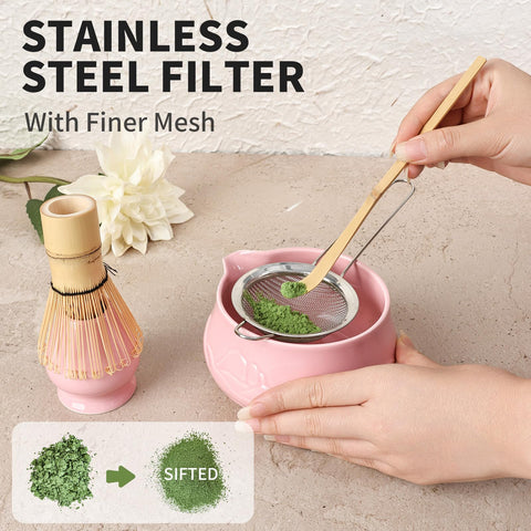 Evoio ultra-fine metal sifter for smooth, lump-free matcha powder.