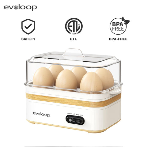 Auto shut-off feature on Evoloop egg cooker prevents overcooking.