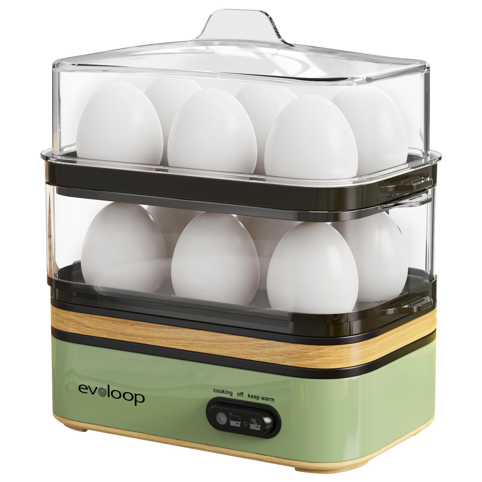 Evoloop Rapid Egg Cooker shows 12-egg capacity for batch breakfast prep.