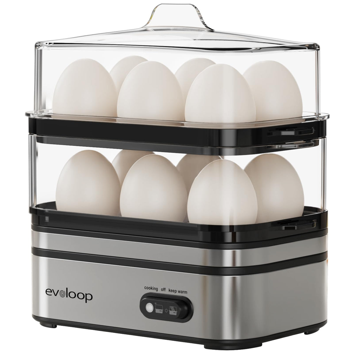 Evoloop Rapid Egg Cooker with 12-egg capacity for quick breakfasts