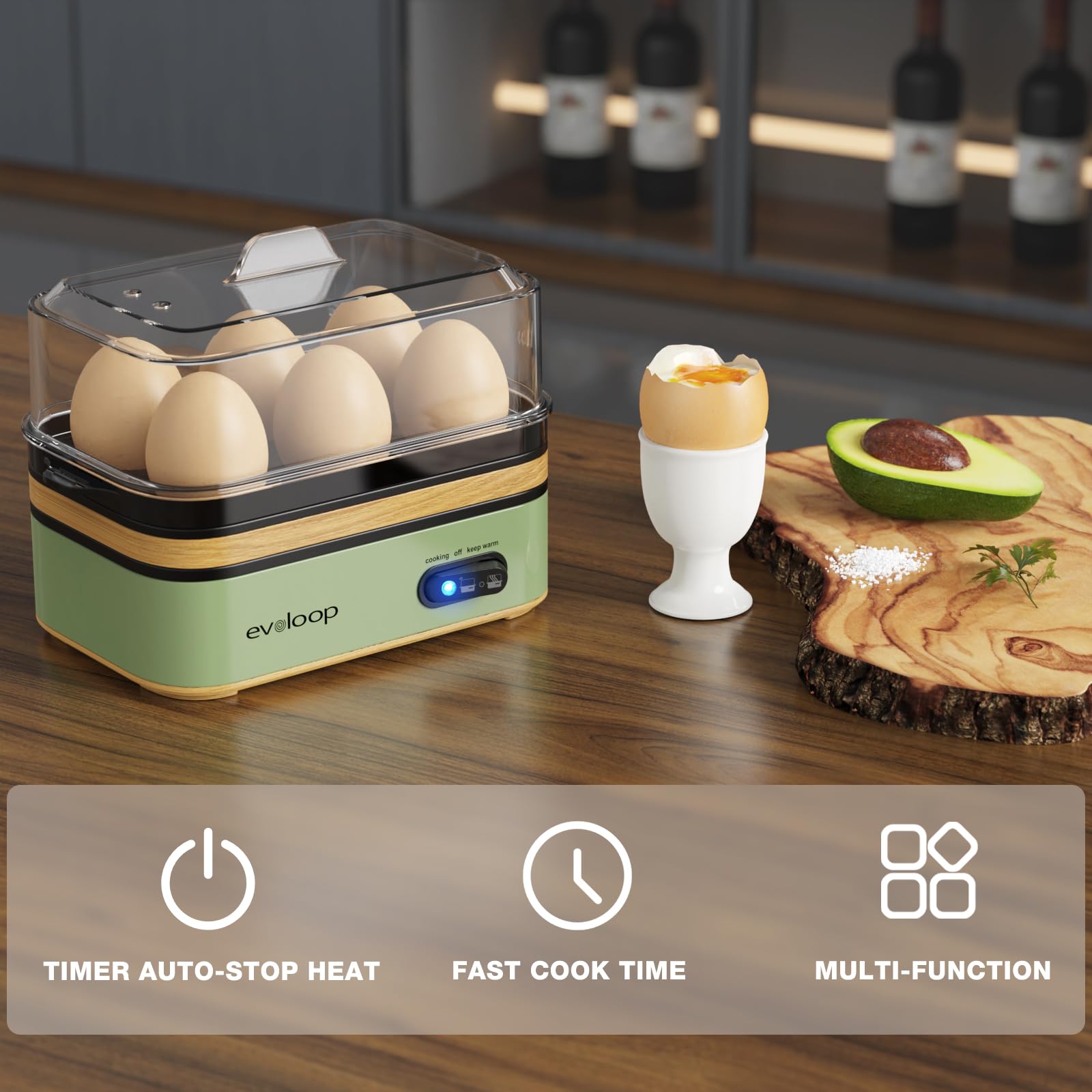 Egg tray in Evoloop cooker organizing six eggs for versatile meals.