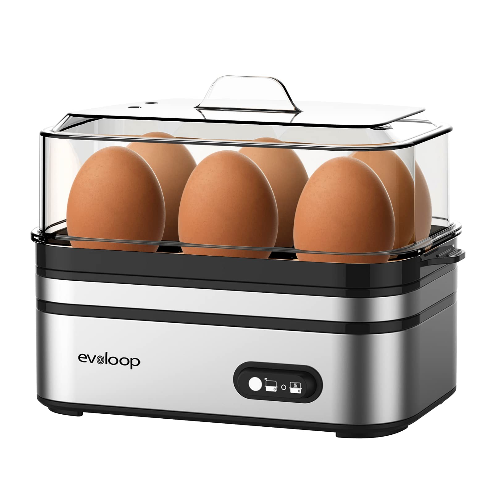 Evoloop Rapid Egg Cooker front view, compact design for quick breakfasts.