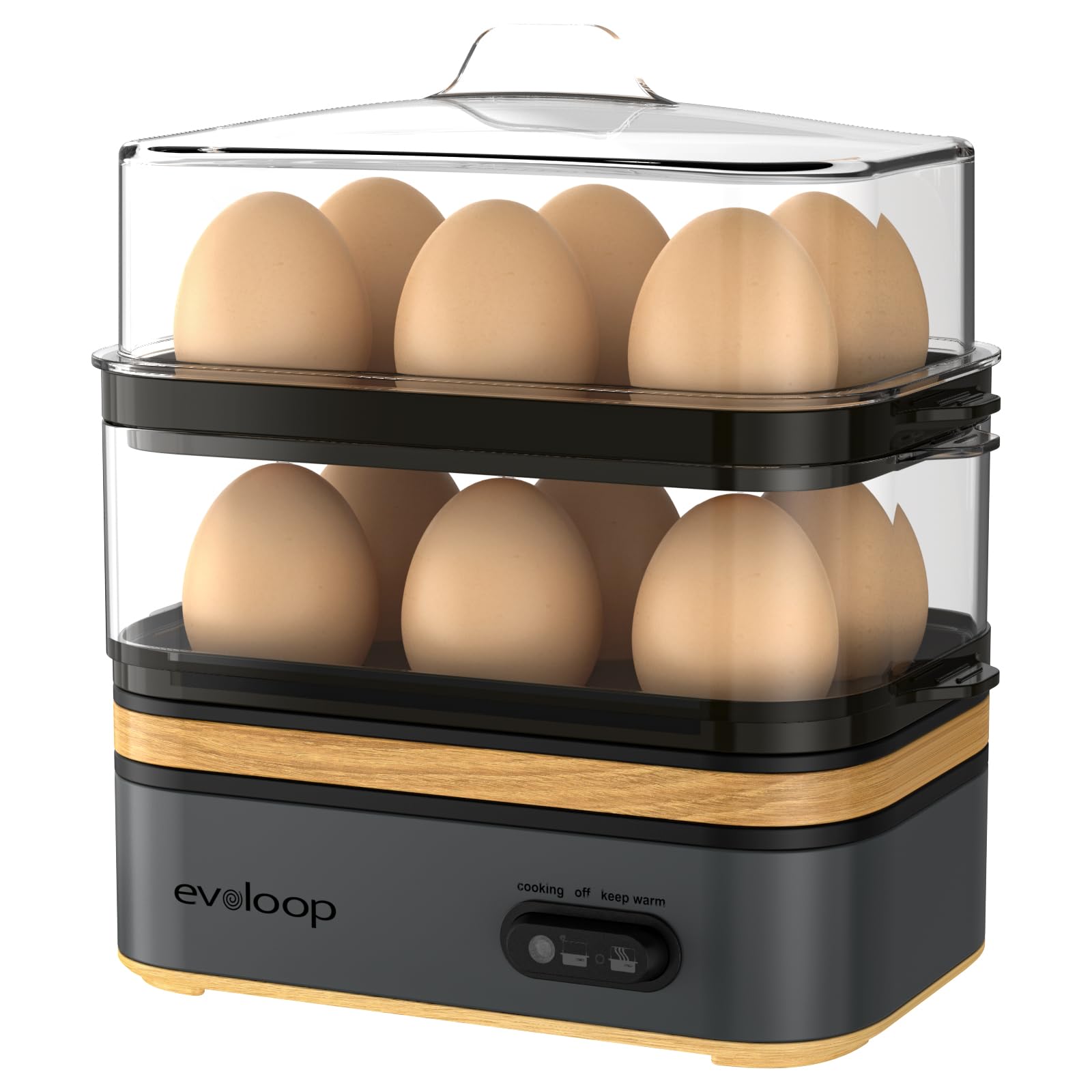 Evoloop Rapid Egg Cooker front view highlights compact efficiency for quick breakfasts.