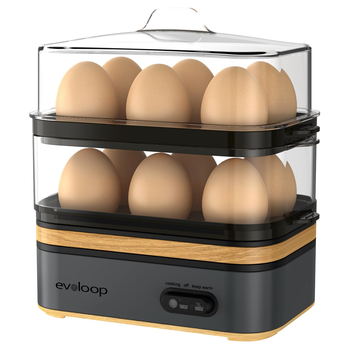 Evoloop Rapid Egg Cooker front view highlights compact efficiency for quick breakfasts.