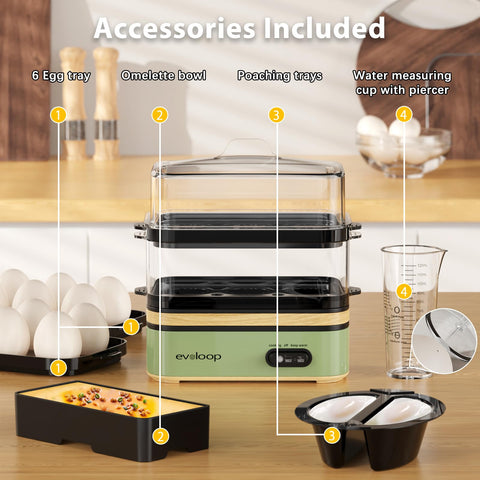 Evoloop Rapid Egg Cooker green color adds bright kitchen appeal.