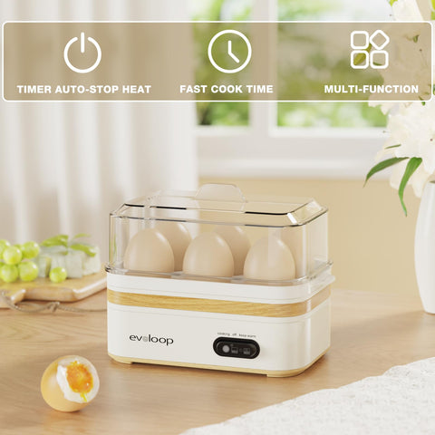 Evoloop Rapid Egg Cooker producing hard-boiled eggs with auto shut-off.