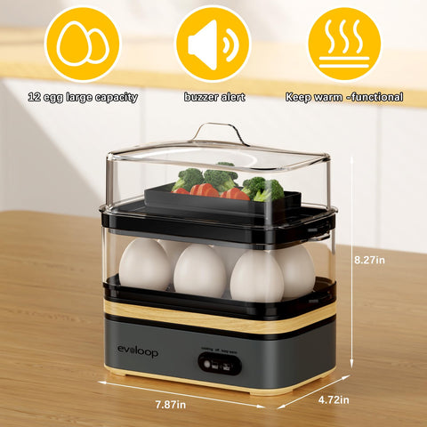 Evoloop Rapid Egg Cooker includes poaching, omelet trays and egg cups.