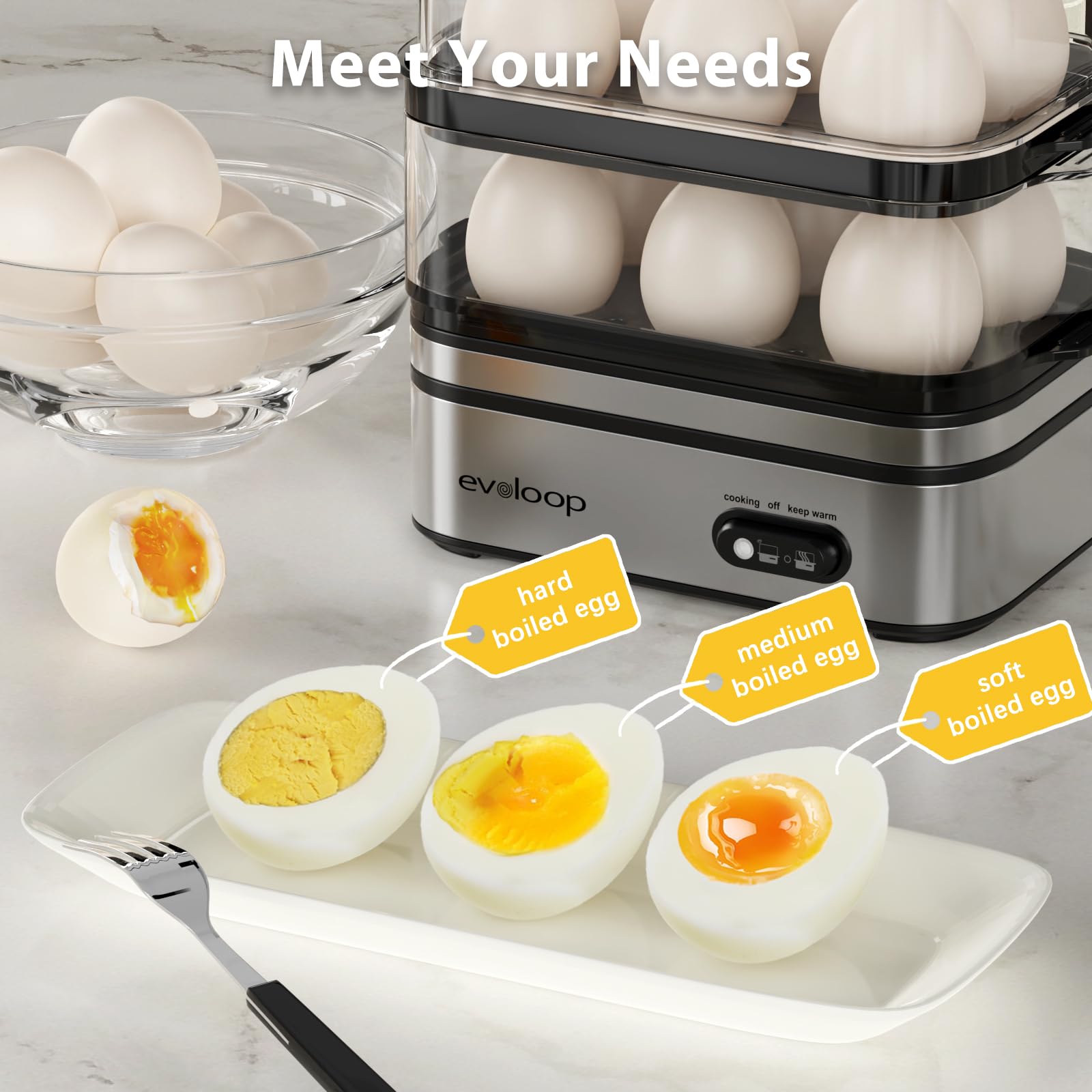 Evoloop rapid egg cooker lid view showing compact design for small kitchens