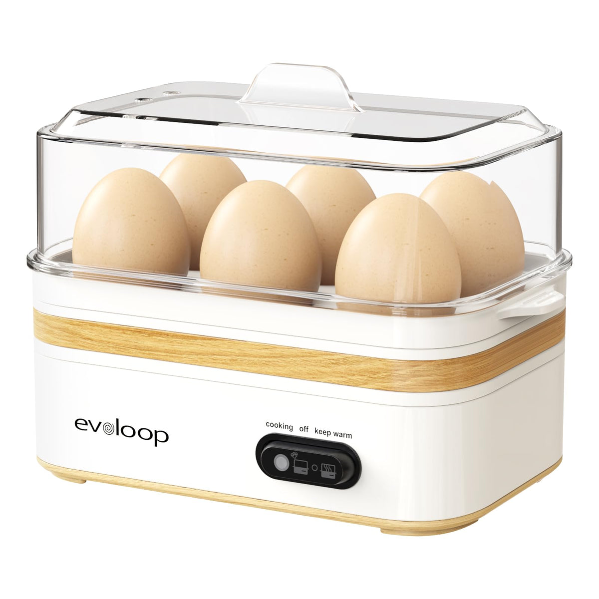 Evoloop Rapid Egg Cooker with six-egg capacity for quick, versatile breakfasts.