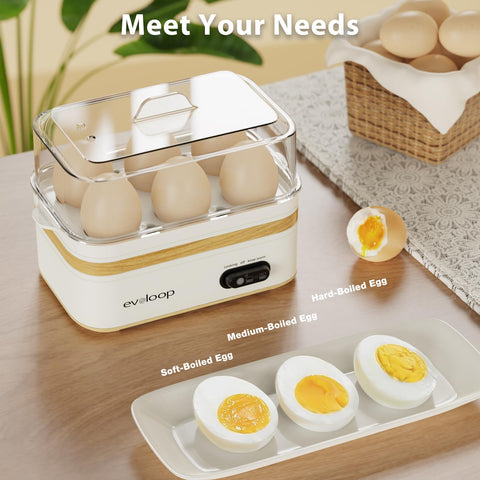 Evoloop Rapid Egg Cooker demonstrating soft-boiled setting for tender eggs.
