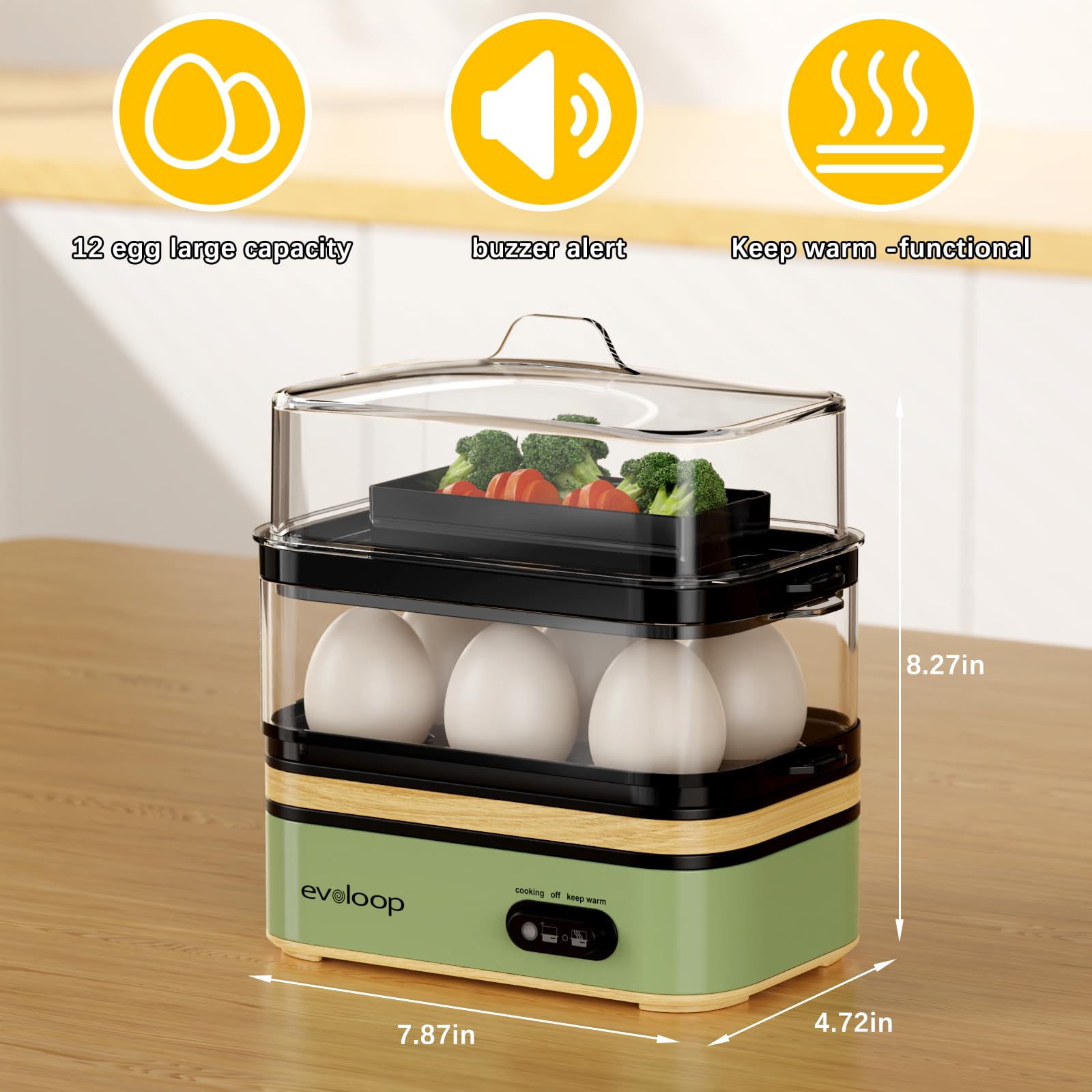 Evoloop Rapid Egg Cooker two-layer configuration adapts to meals.