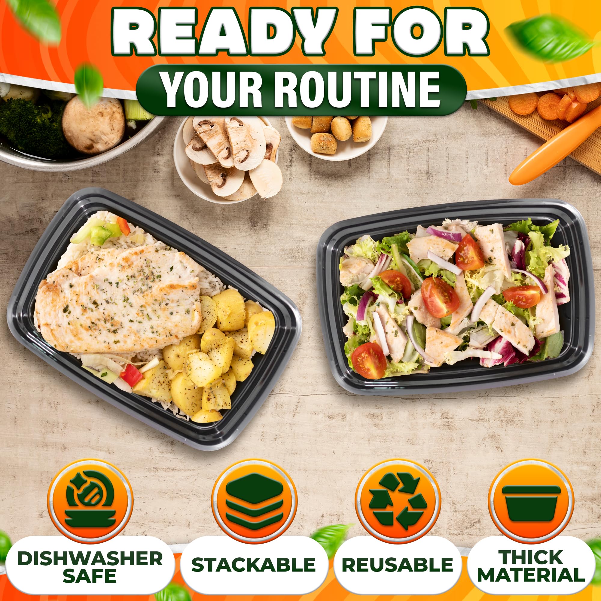 Evrblock stackable plastic to-go containers save space in cabinets.
