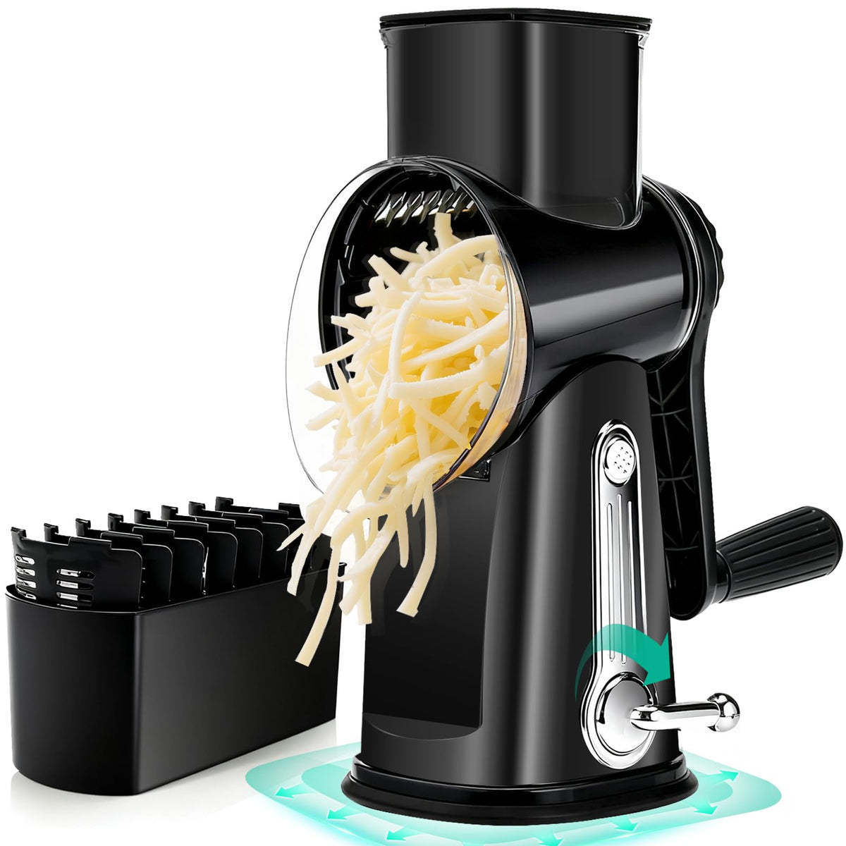EVUCBEITS rotary cheese grater on countertop for fast shredding