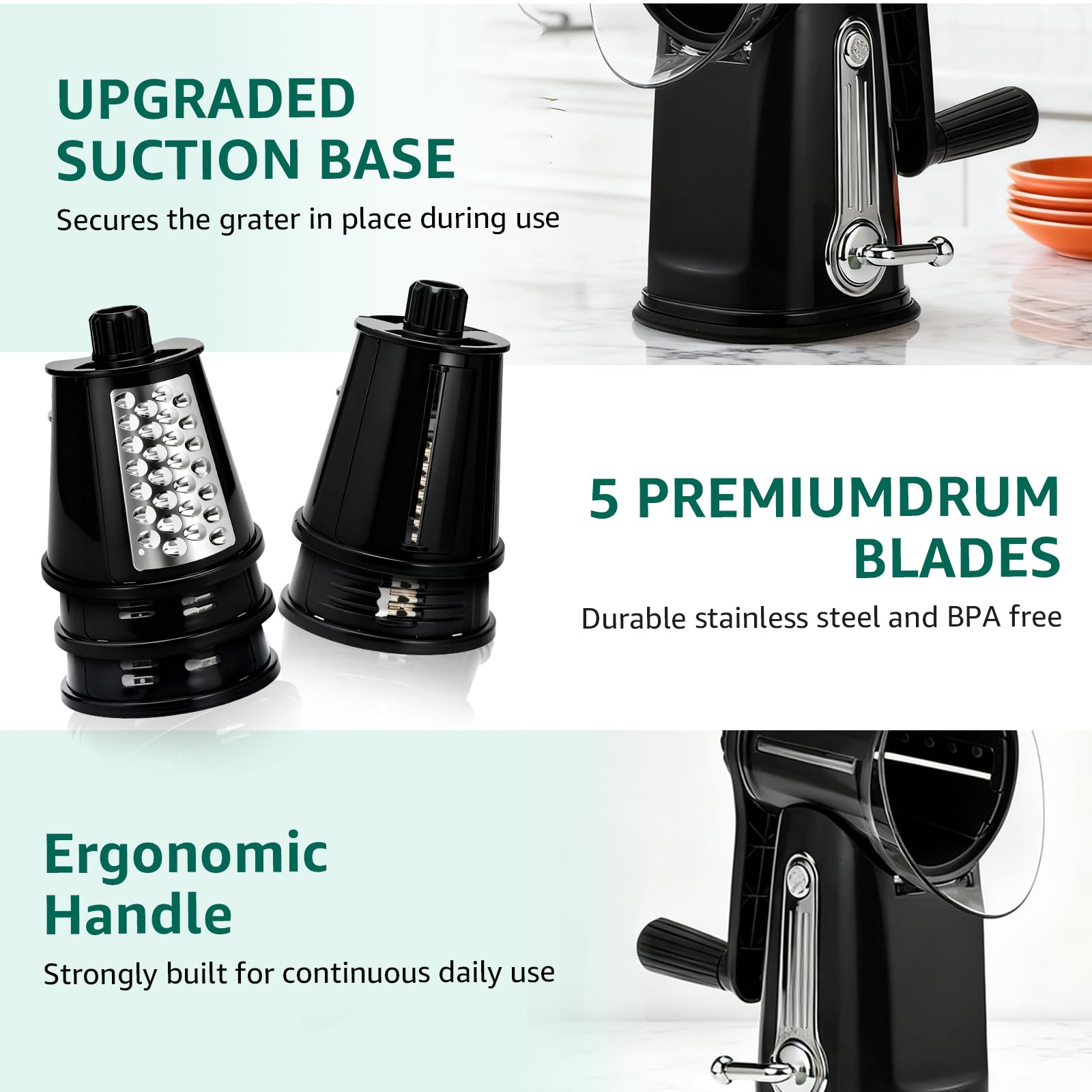 EVUCBEITS suction base anchors the grater to a smooth surface for safe use