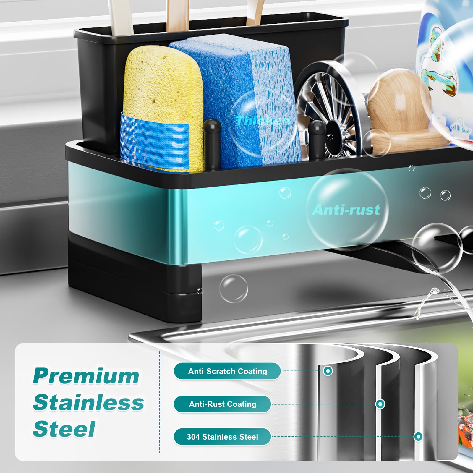 Ewaiira sink caddy dishcloth hanger helps towels air-dry after use.