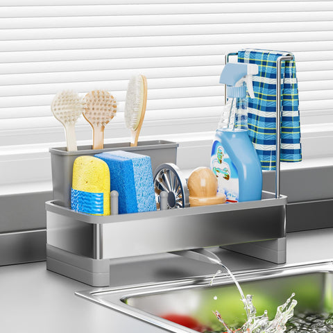 Ewaiira stainless steel sink caddy with a sleek gray finish for a clutter-free countertop.