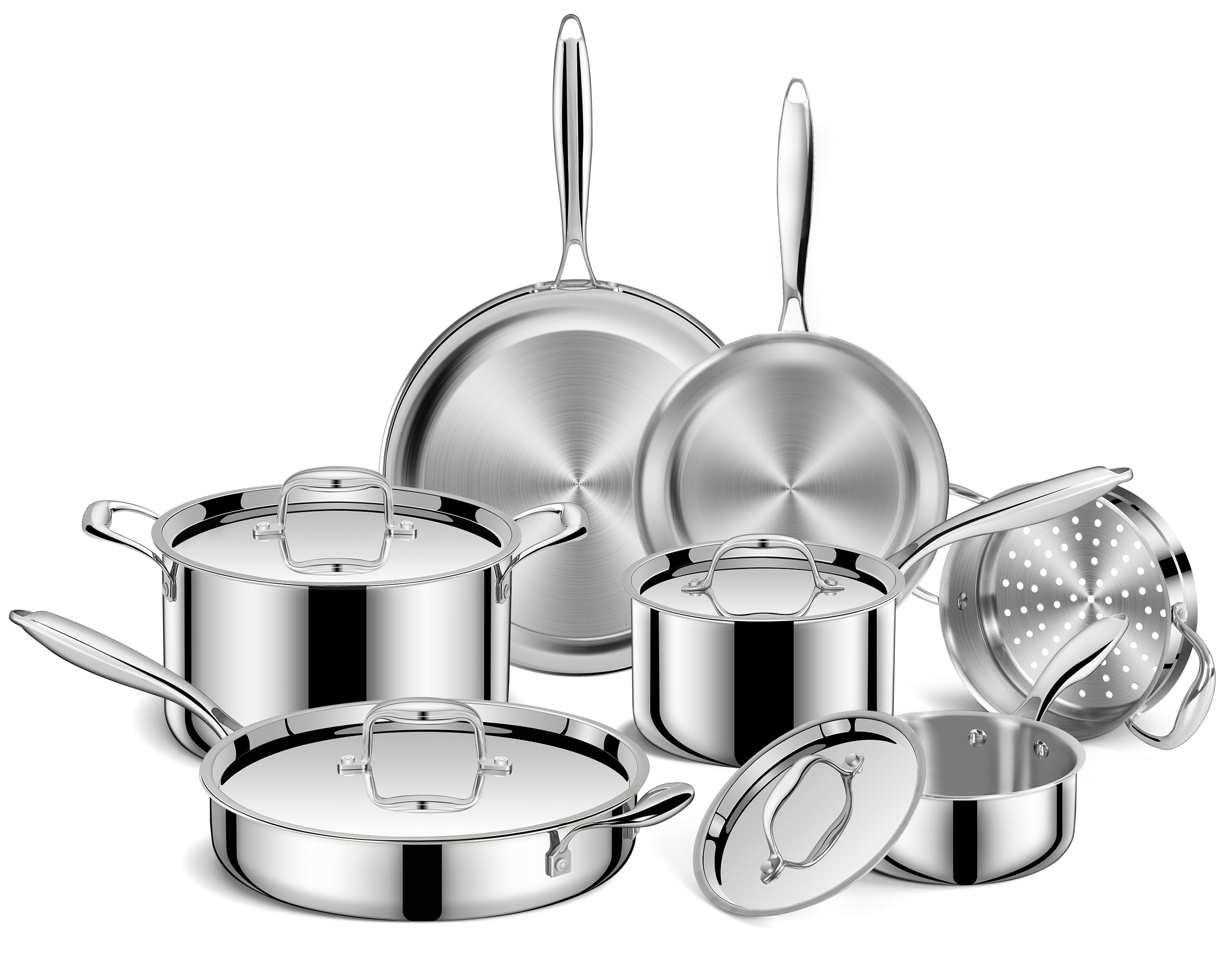 EWFEN 11-piece 3-ply stainless steel set with lids for even heating on all cooktops