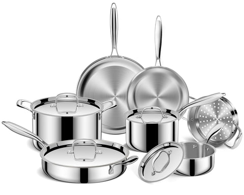 EWFEN 11-piece 3-ply stainless steel set with lids for even heating on all cooktops