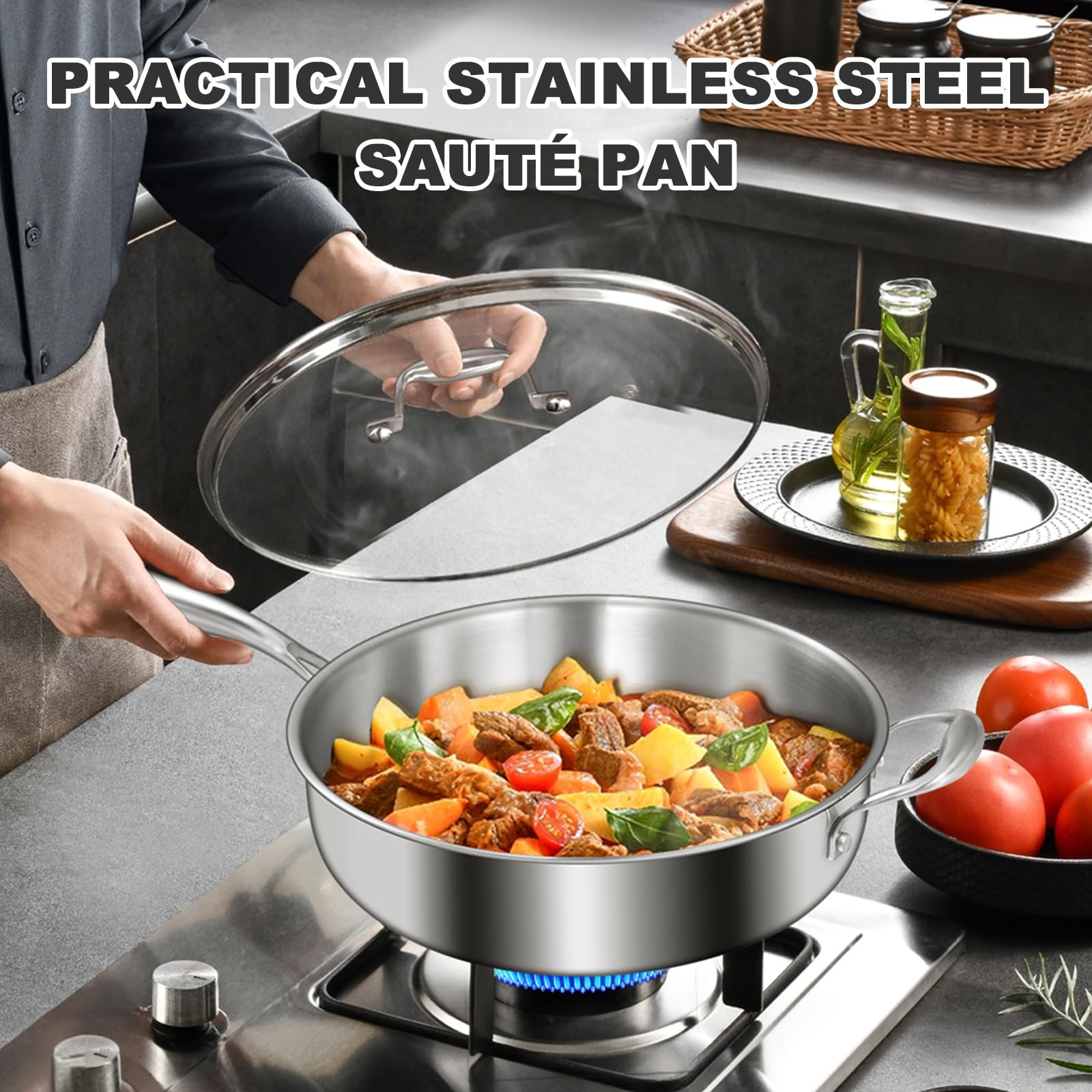 EWFEN 12 inch tri ply frying pan with lid on demonstrates versatility and containment.