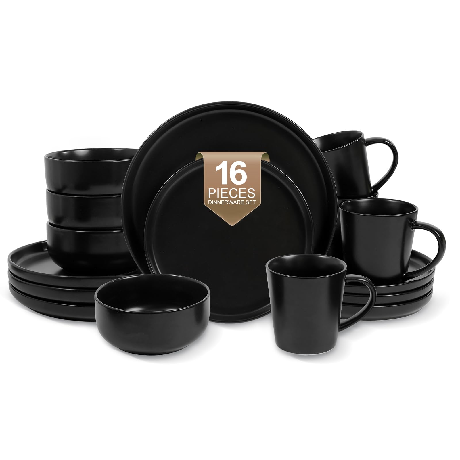 EWFEN 16-piece black dinnerware set front view for everyday dining.