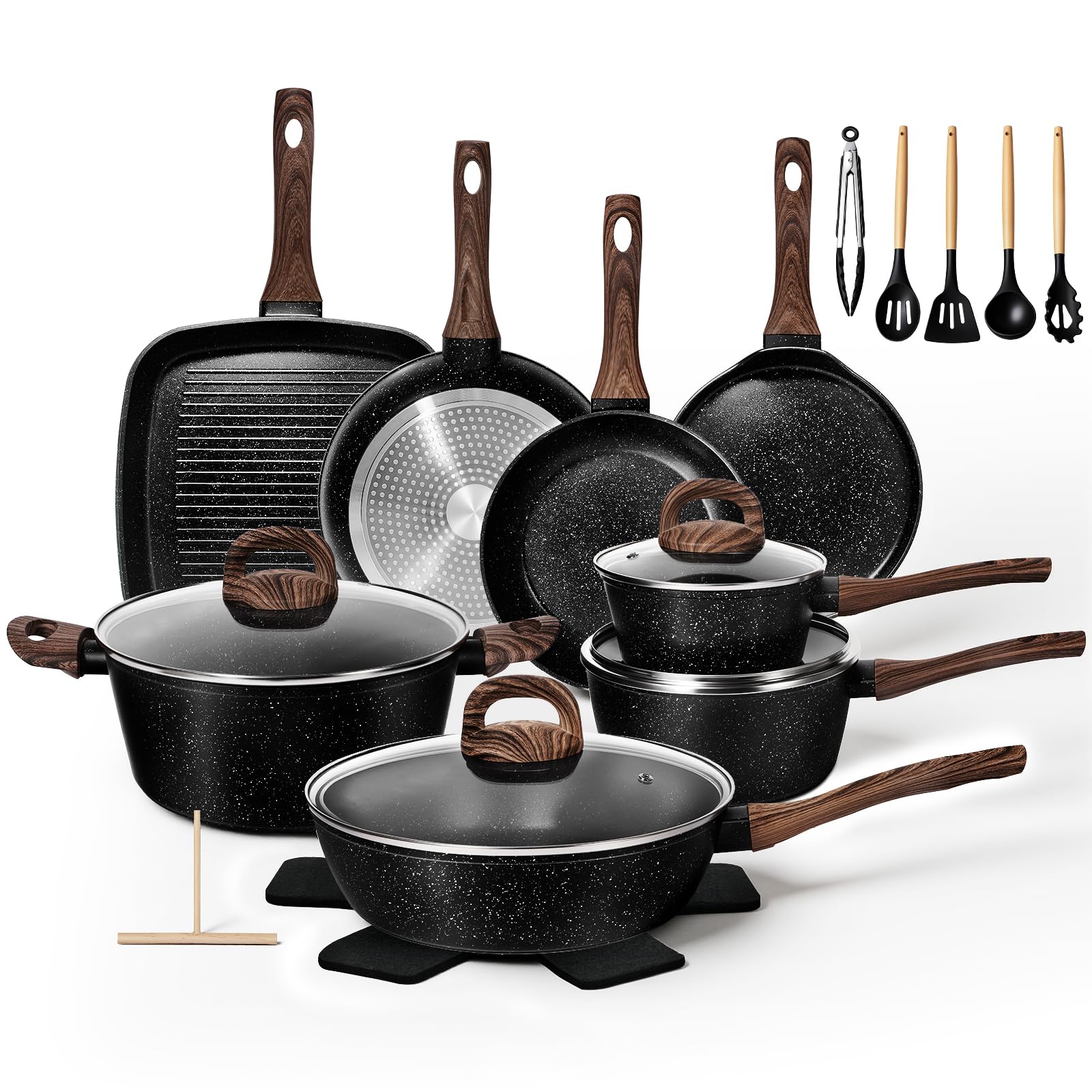 EWFEN 25-piece cookware set showcased for versatile kitchen use and organization