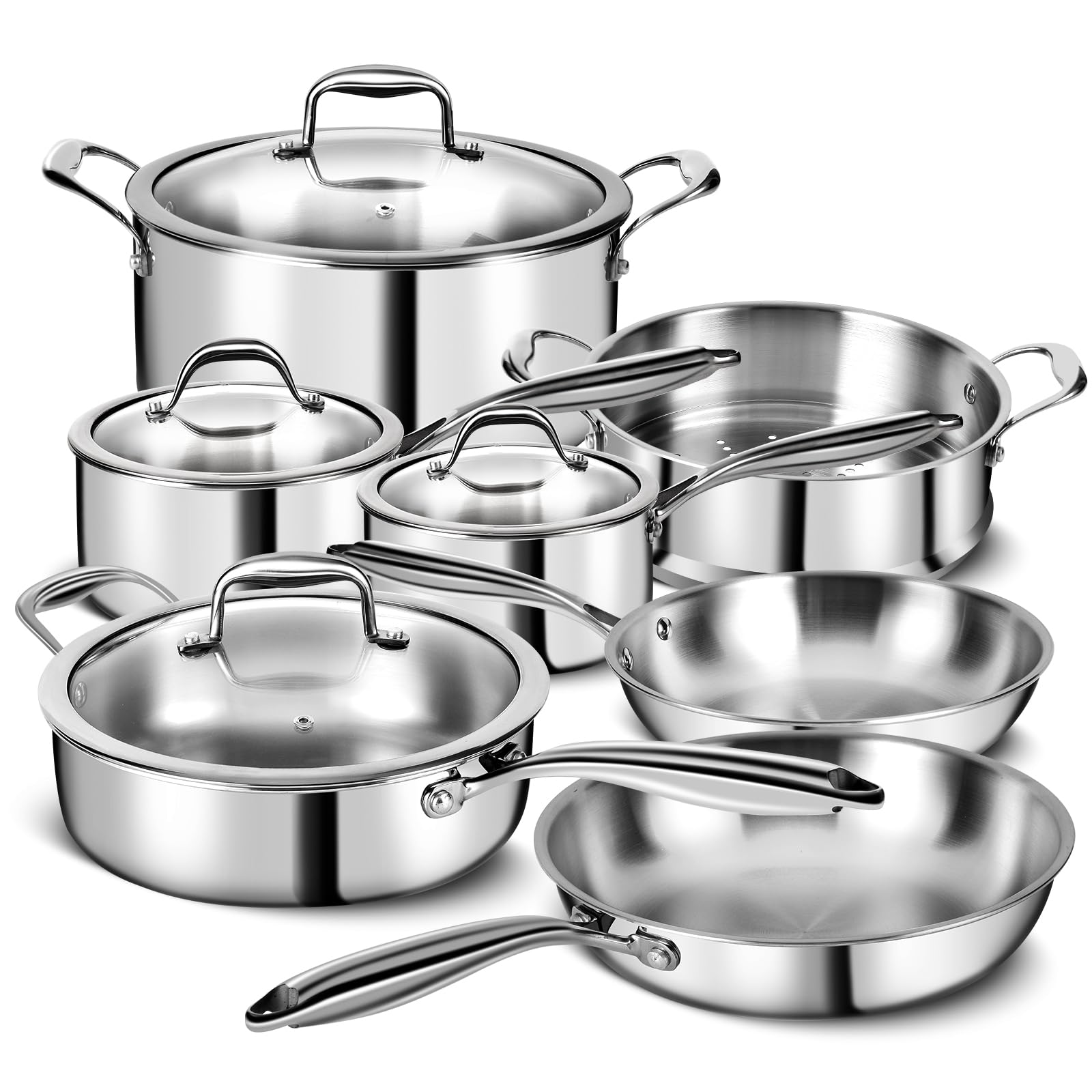 EWFEN 11-piece 3-ply set on stovetop, even heat distribution for daily cooking.