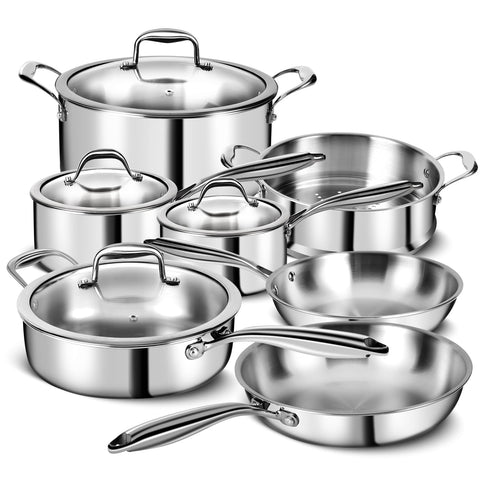 EWFEN 11-piece 3-ply set on stovetop, even heat distribution for daily cooking.