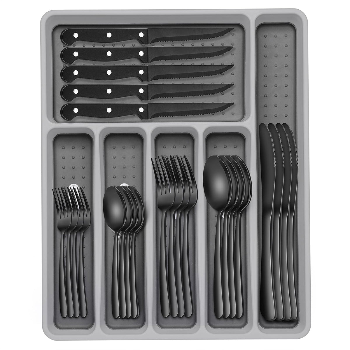 EWFEN 49-piece black silverware set with drawer organizer for easy dining setup