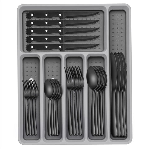 EWFEN 49-piece black silverware set with drawer organizer for easy dining setup