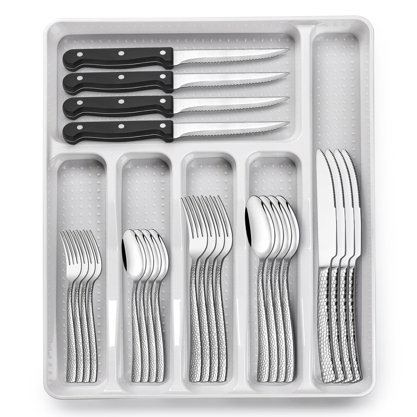 EWFEN 49-piece silverware set for eight diners with organized drawer storage.