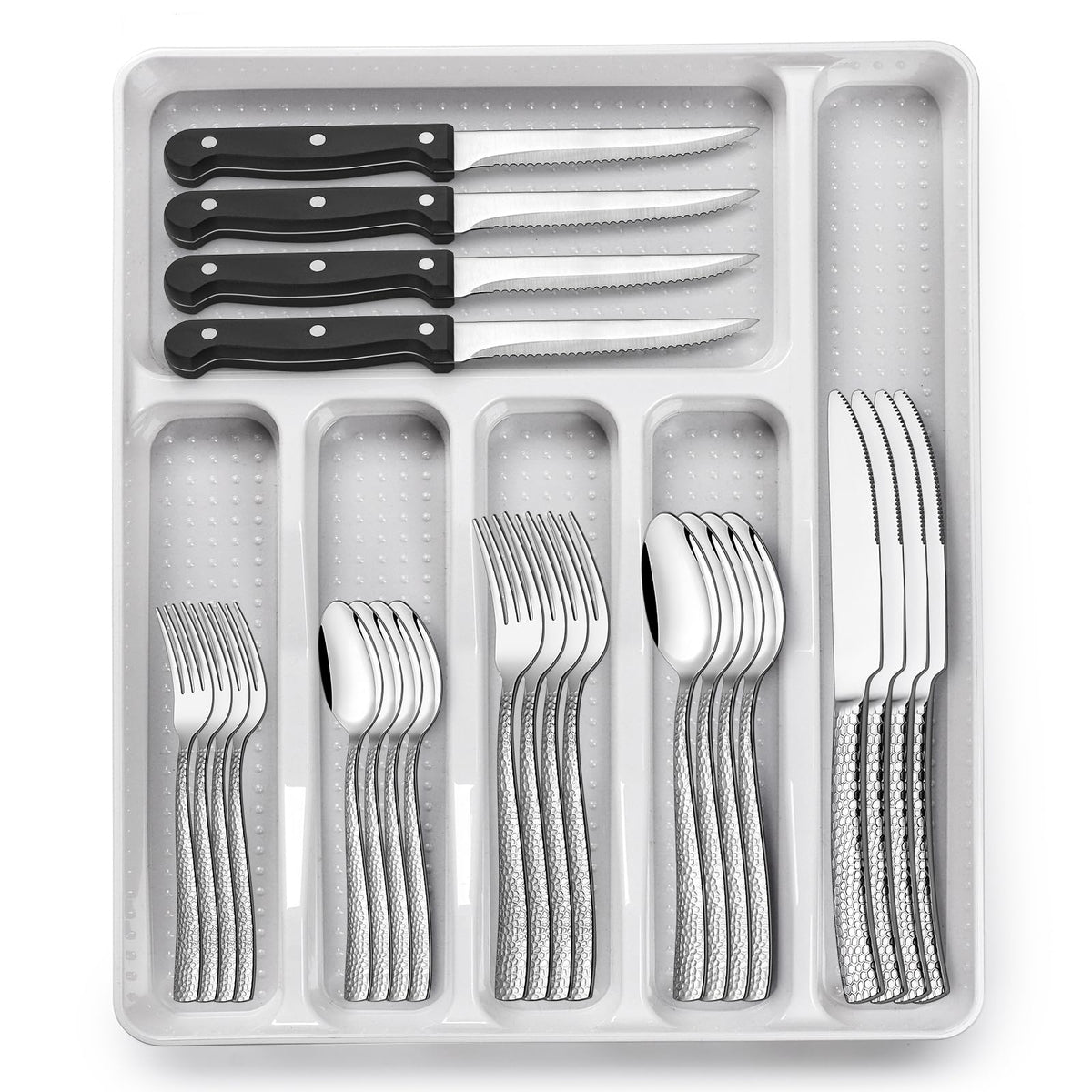 EWFEN 49-piece silverware set for eight diners with organized drawer storage.