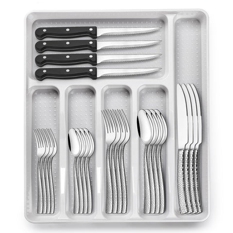 EWFEN 49-piece silverware set for eight diners with organized drawer storage.