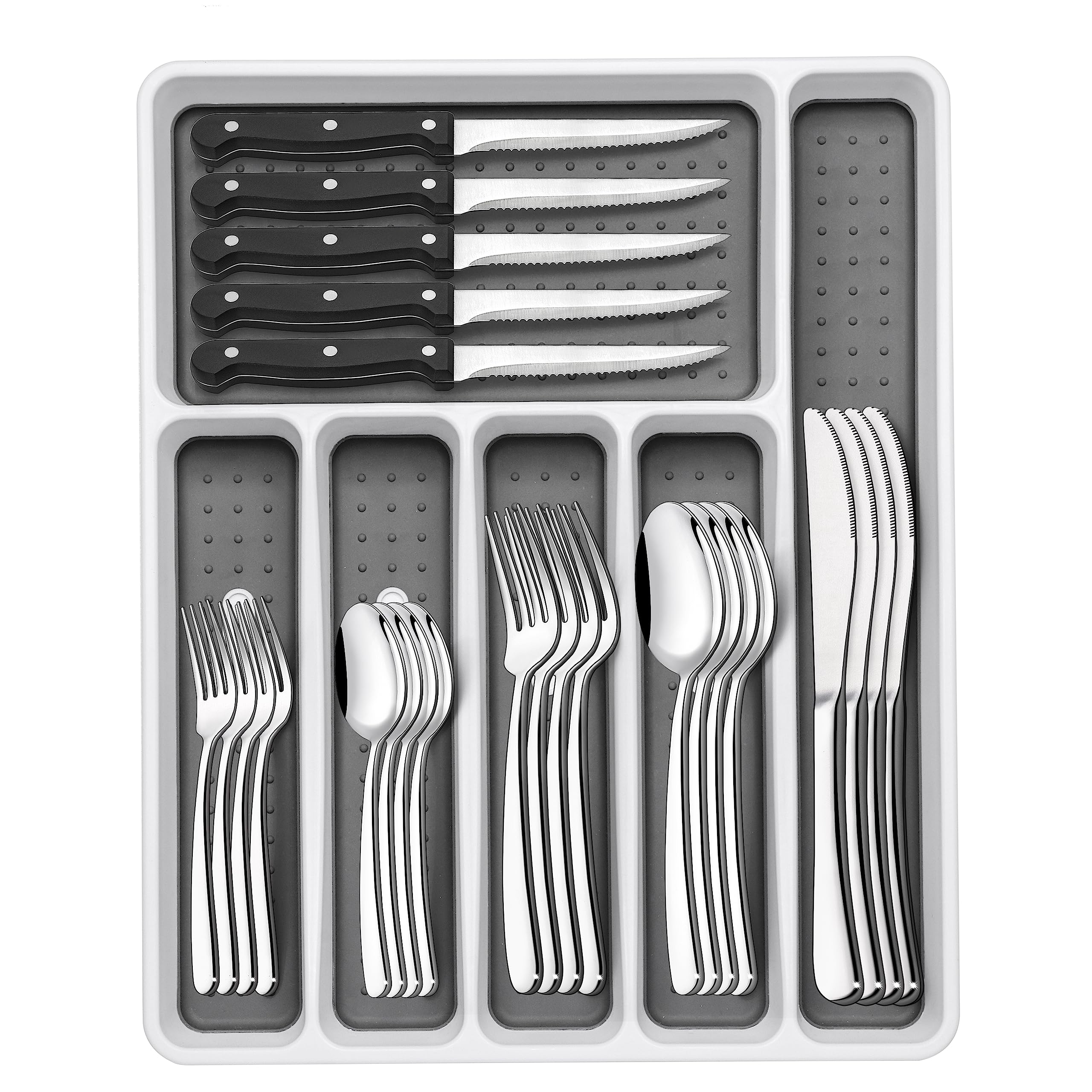 EWFEN 49-piece silverware set with organizer keeps drawers tidy for family meals.