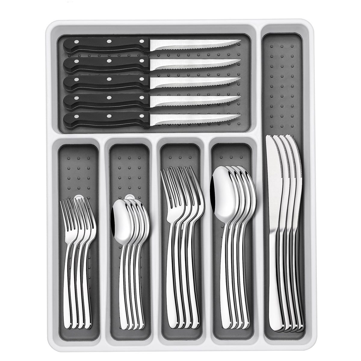 EWFEN 49-piece silverware set with organizer keeps drawers tidy for family meals.