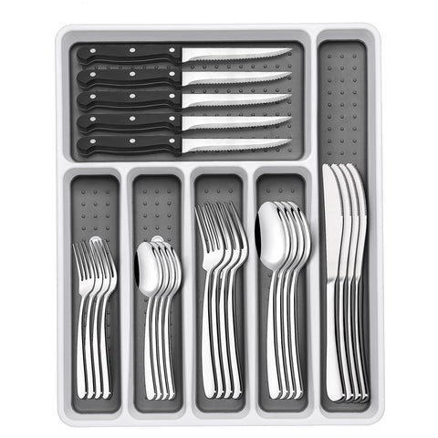 EWFEN 49-piece silverware set with organizer keeps drawers tidy for family meals.