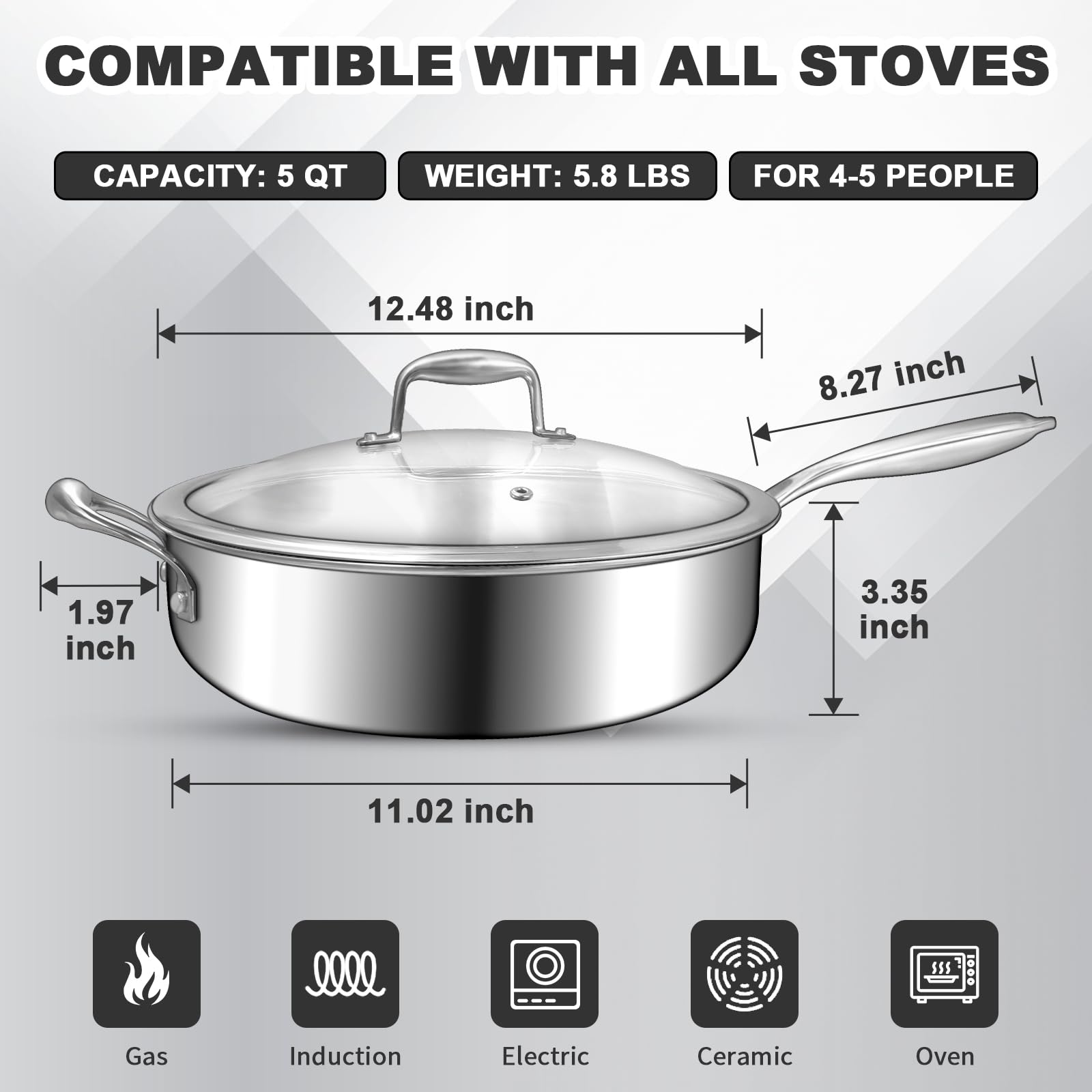 EWFEN 5 quart deep sauté pan on stove illustrates even heating across a spacious surface.