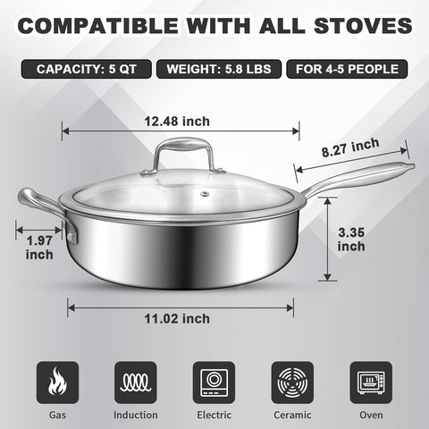 EWFEN 5 quart deep sauté pan on stove illustrates even heating across a spacious surface.