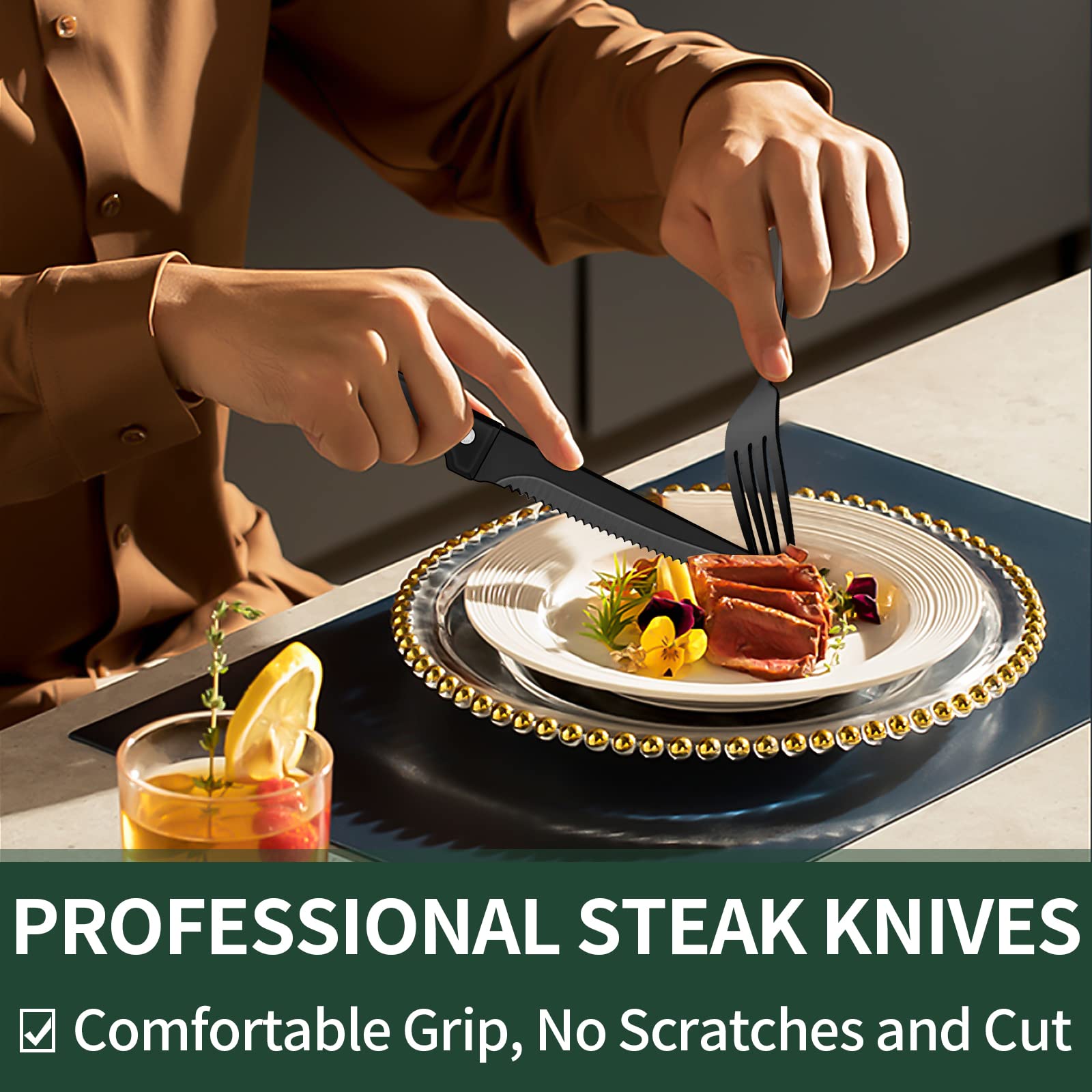 EWFEN black silverware full dining set elevates table presentation with a cohesive look.