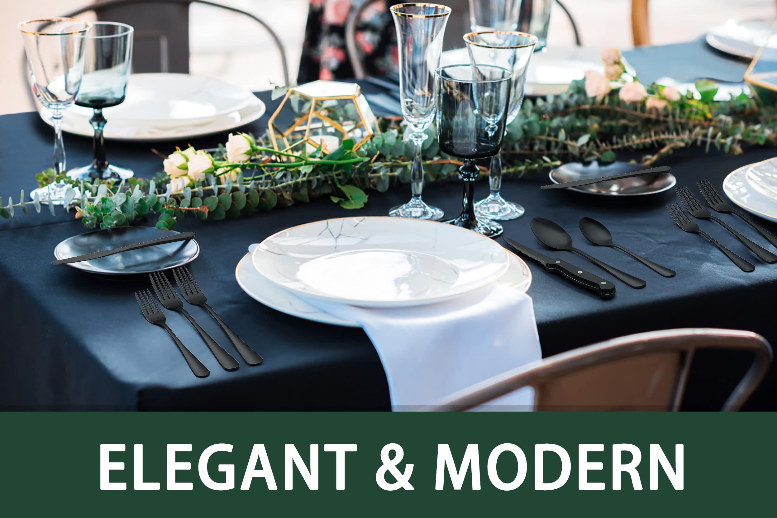 EWFEN black silverware mirror finish reflects light, enhancing dining ambience.