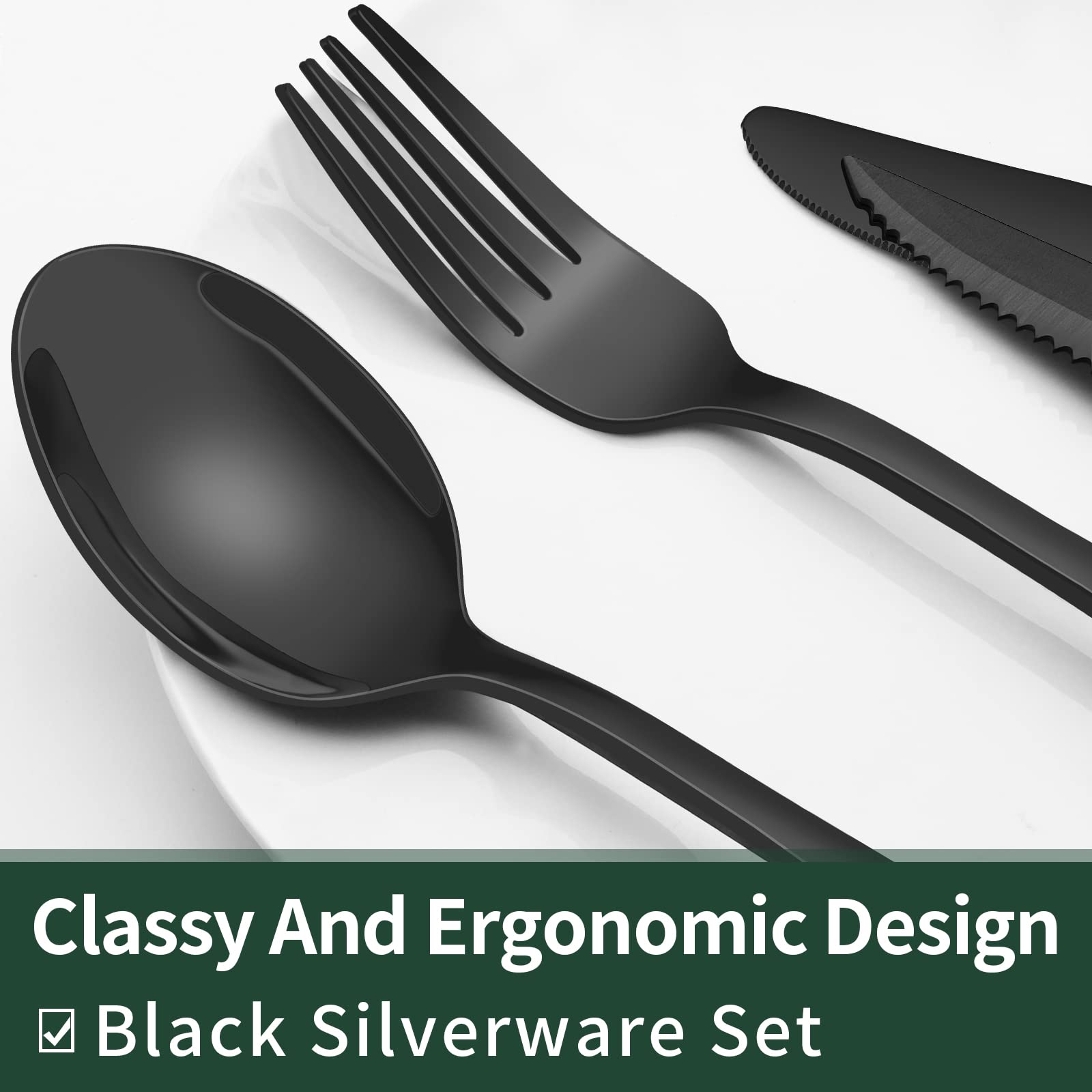 EWFEN black silverware steak knives offer serrated blades for precise slicing.