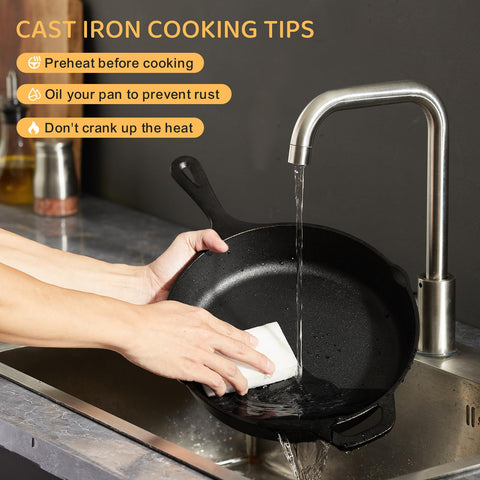 EWFEN cast iron skillet with sizzling bacon on a stove