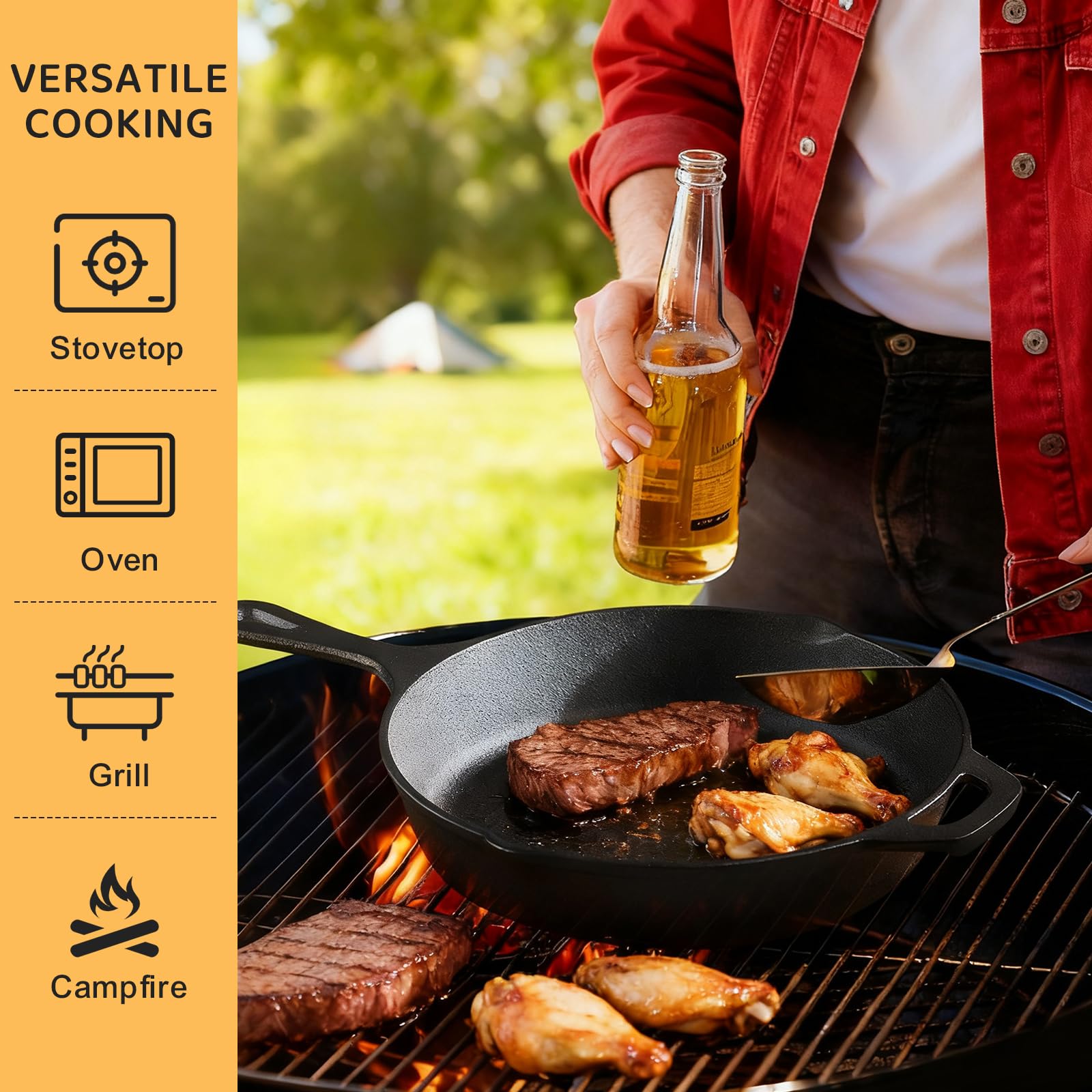 EWFEN pre-seasoned skillet outdoors on grill for versatile cooking