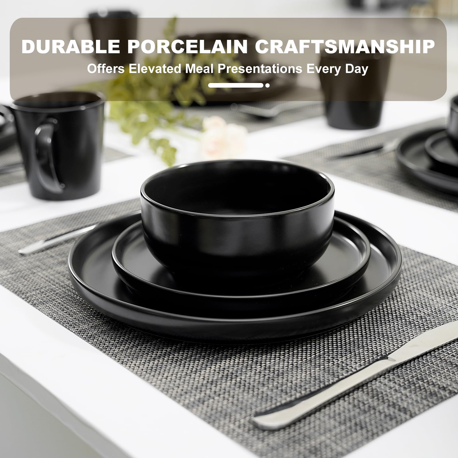 EWFEN dinner plate close-up in black glaze showing smooth finish.