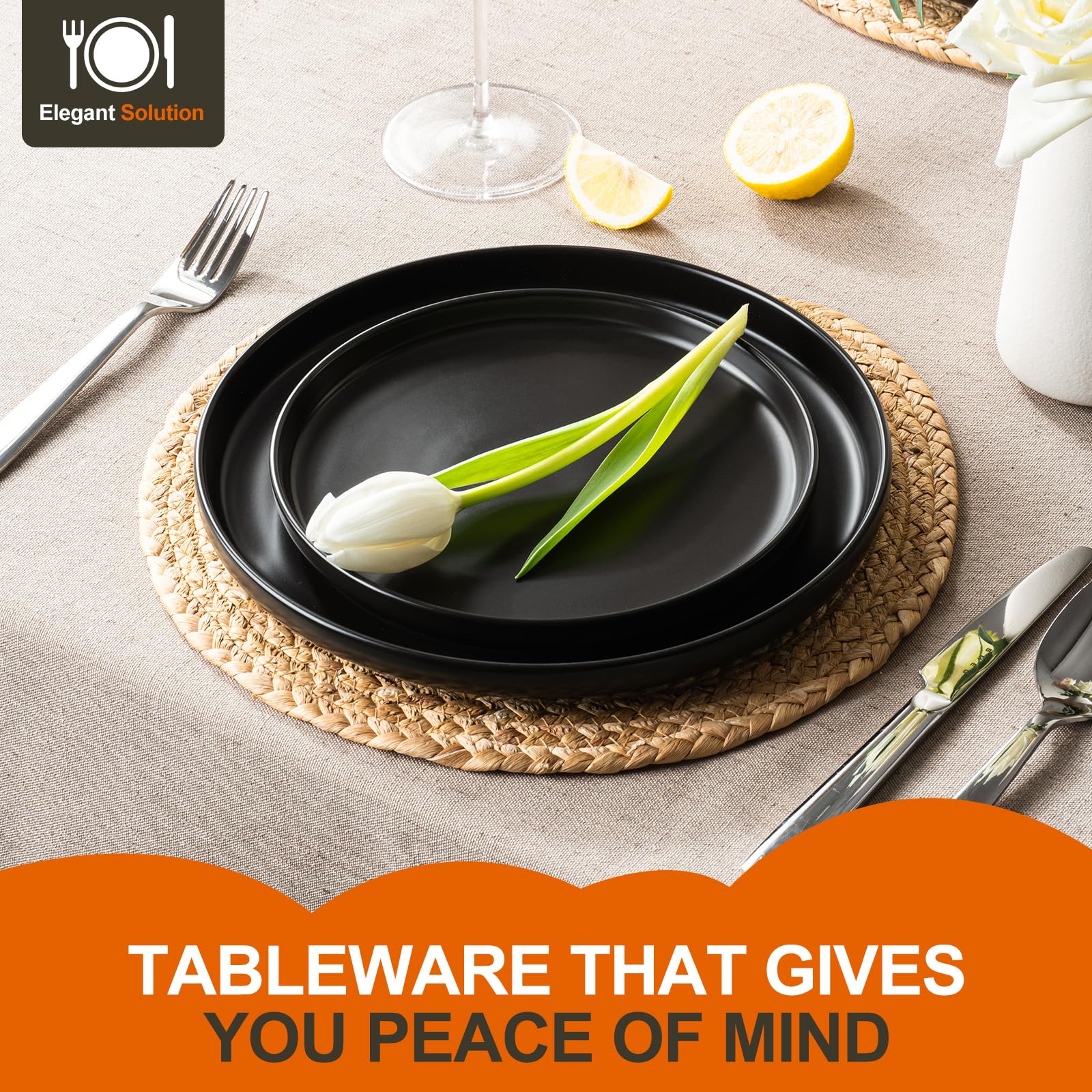 EWFEN 10.25-inch dinner plate in black offers a modern, chip-resistant surface.
