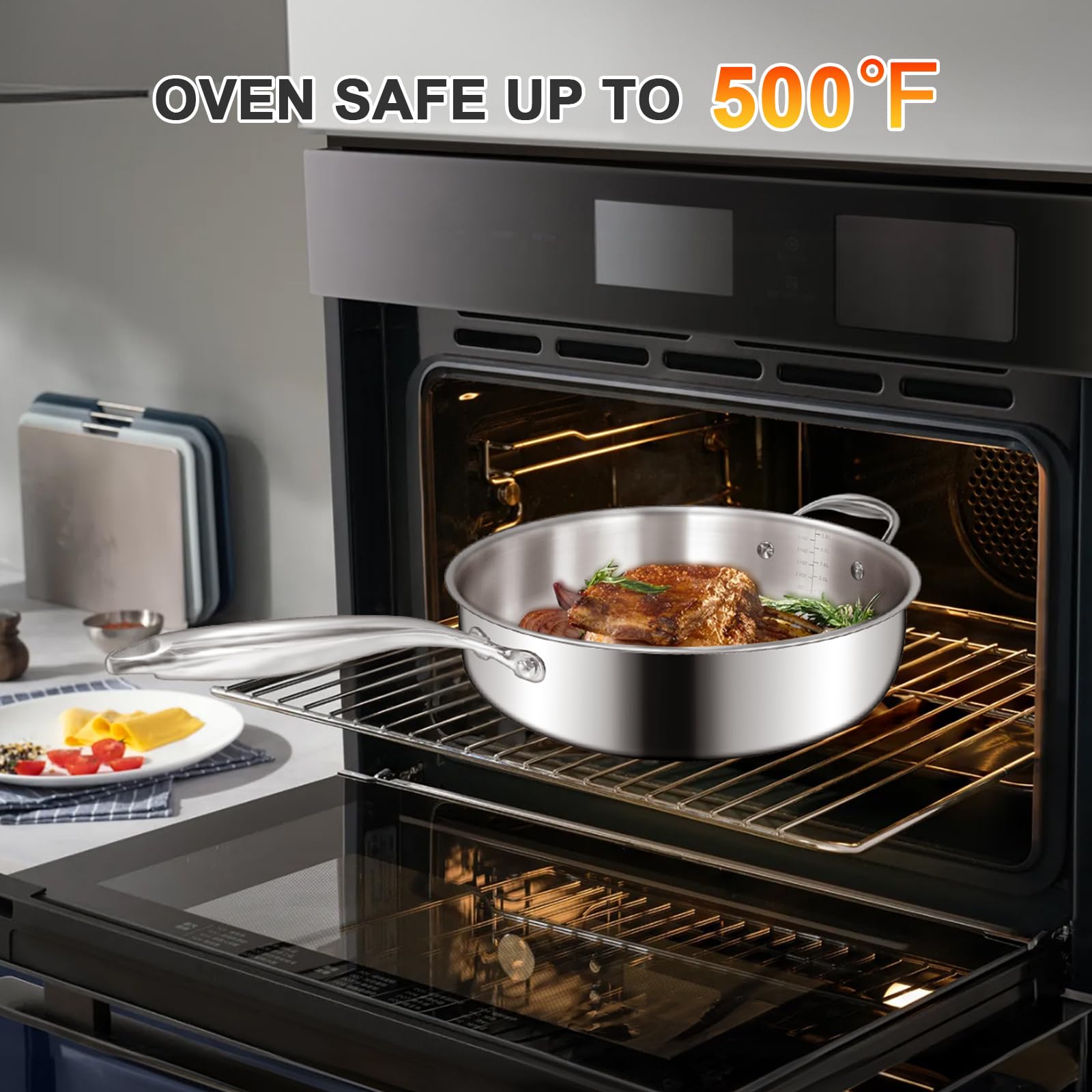 EWFEN pan with dishwasher safe icon indicates convenient cleaning after busy meals.