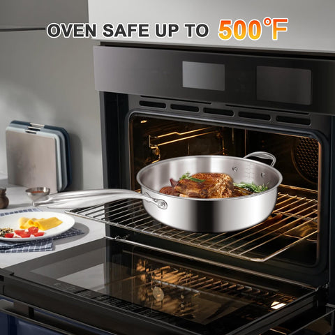 EWFEN pan with dishwasher safe icon indicates convenient cleaning after busy meals.