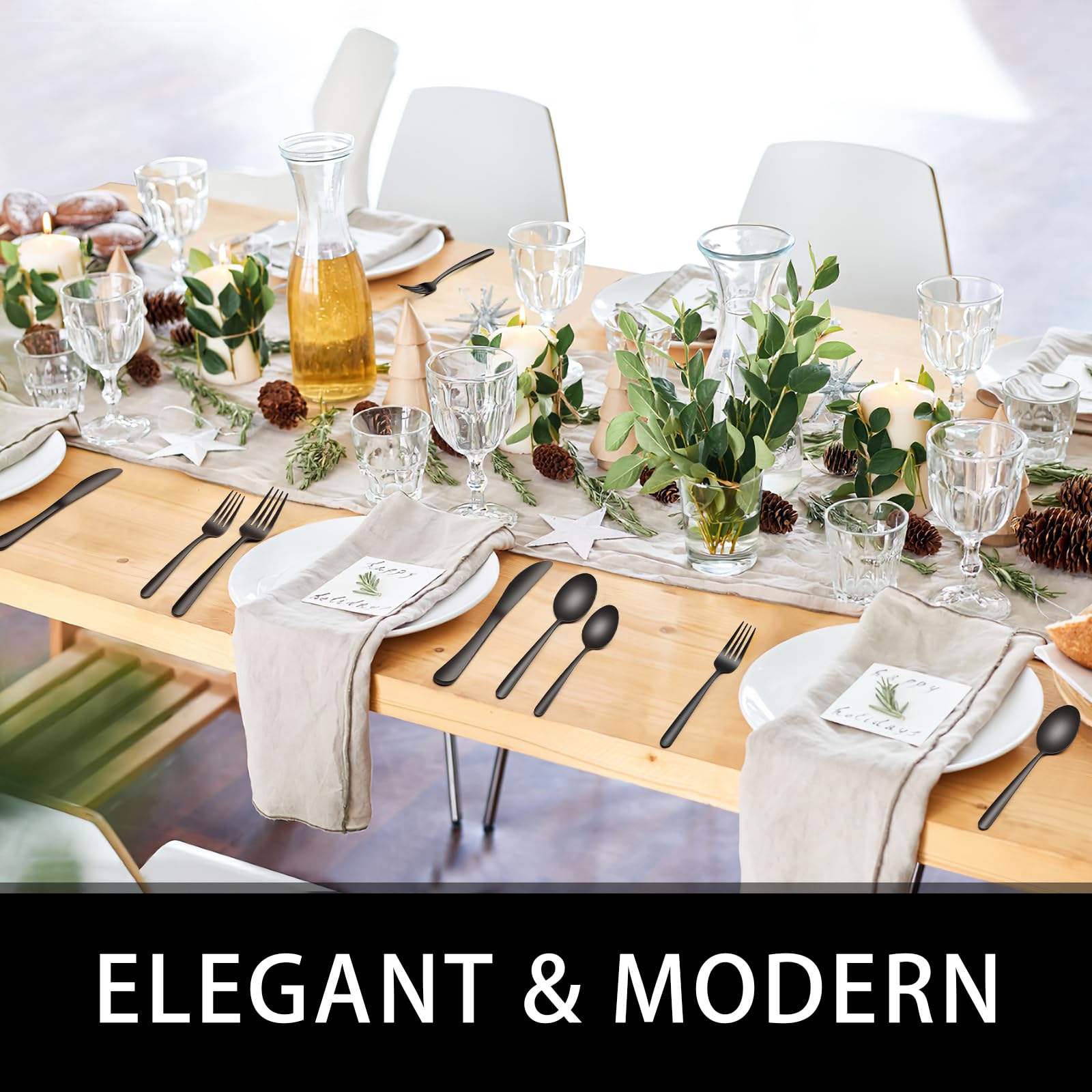EWFEN elegant dining setup featuring black silverware on table