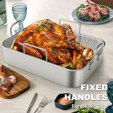 EWFEN fixed-handle roaster provides easy lifting and safe transfer from oven.