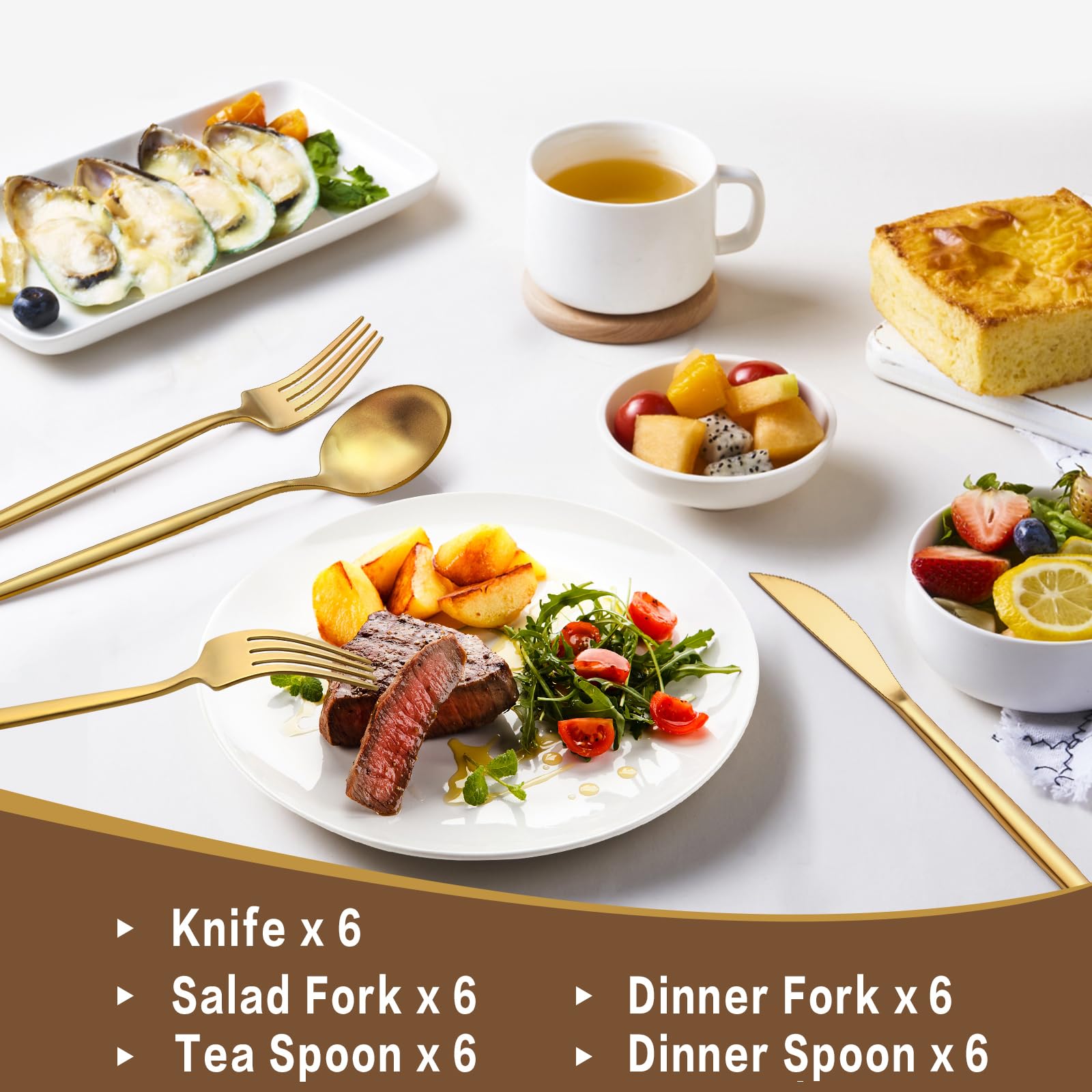 EWFEN gold dinner knives with rust-resistant blades for clean cuts.