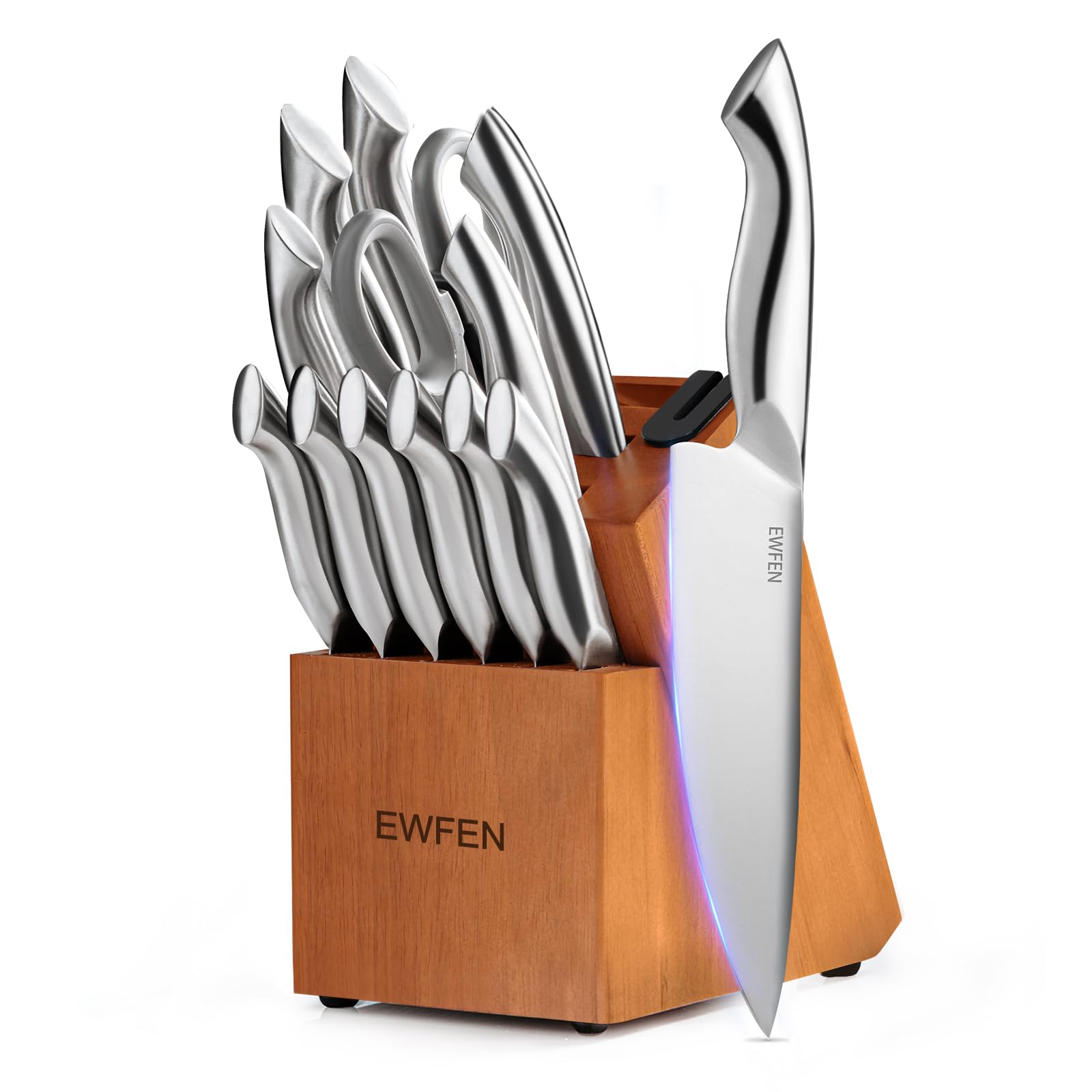 EWFEN knife set in block with built-in sharpener for convenient edge maintenance.